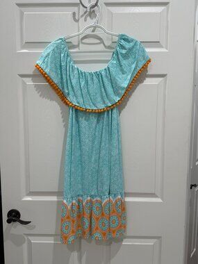 Cabana Life Aqua Citrus Off Shoulder Ruffle Dress Pom Pom Trim Size M